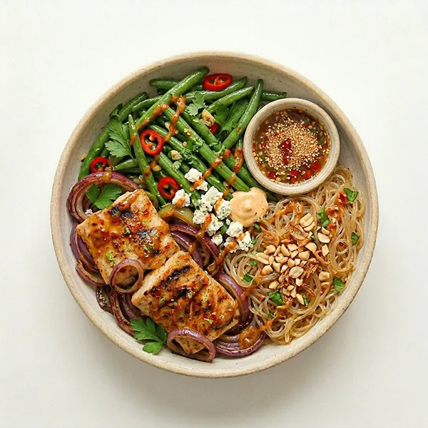 Thai Chili Lime Oven Roasted Fish with Stir-Fried Green Beans and noodles